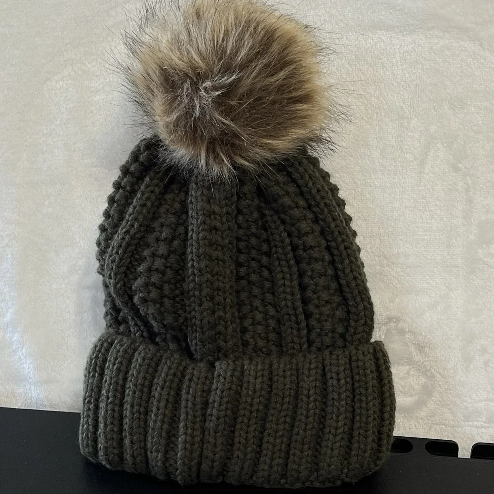 C.C. Beanie Toboggan Thick Cable Knit Faux Fur Pom Pom Hat Army Green